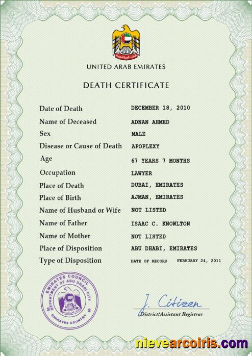 UAE vital record death certificate